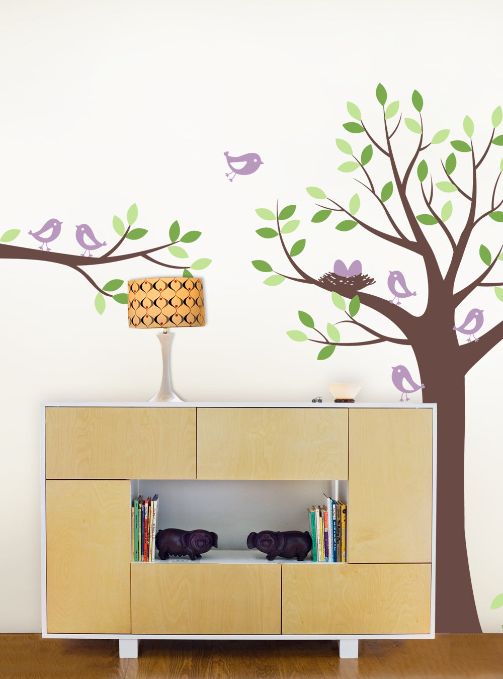 Sticker mural arbre avec famille d'oiseaux