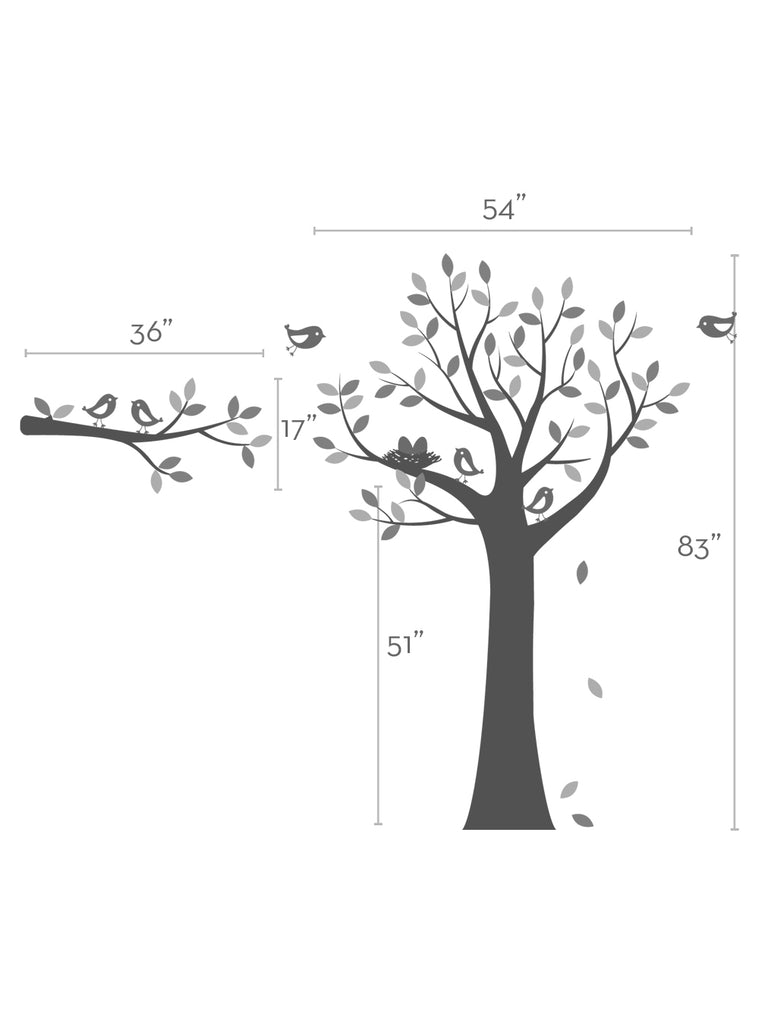 A vibrant tree with branches and leaves, providing a cozy home for a family of birds in their nest, decorates this wall decal. The serene nature scene adds a touch of whimsy and natural beauty to any room, perfect for a child's space. , Top Sellers, Wall Decals, Animal Decals, Tree Decals, Baby Nursery and Kids Wall Decals, All Products