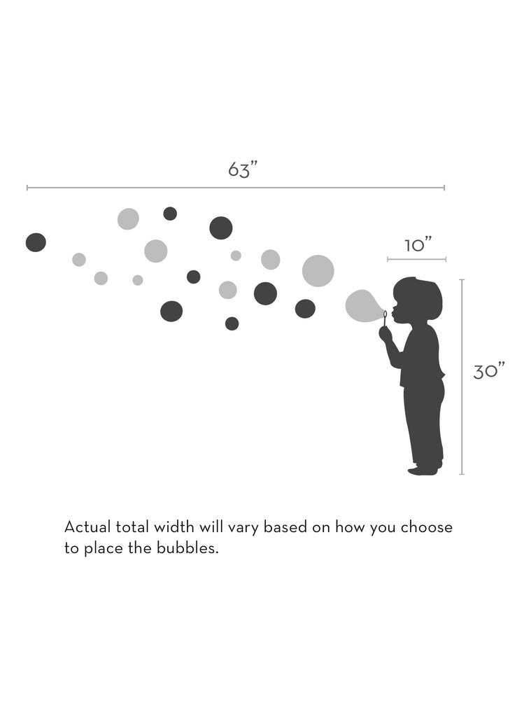 Bubble Boy Decal features a charming silhouette design showing a child blowing bubbles, creating a playful scene with floating bubbles of various sizes spreading across 63 inches. The 30-inch tall figure stands in a gentle pose, perfect for nurseries and children's rooms. Wall Decals, Featured Collection, All Products.