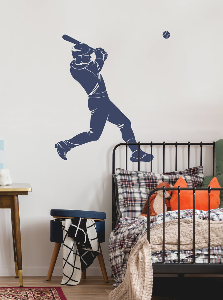 Dynamic navy blue baseball player silhouette wall decal shown in action, swinging bat at ball in stylish athletic pose, perfect for sports-themed bedroom decor - Sport Silhouette Wall Decal, Top Sellers, Wall Decals, Baby Nursery and Kids Wall Decals, All Products