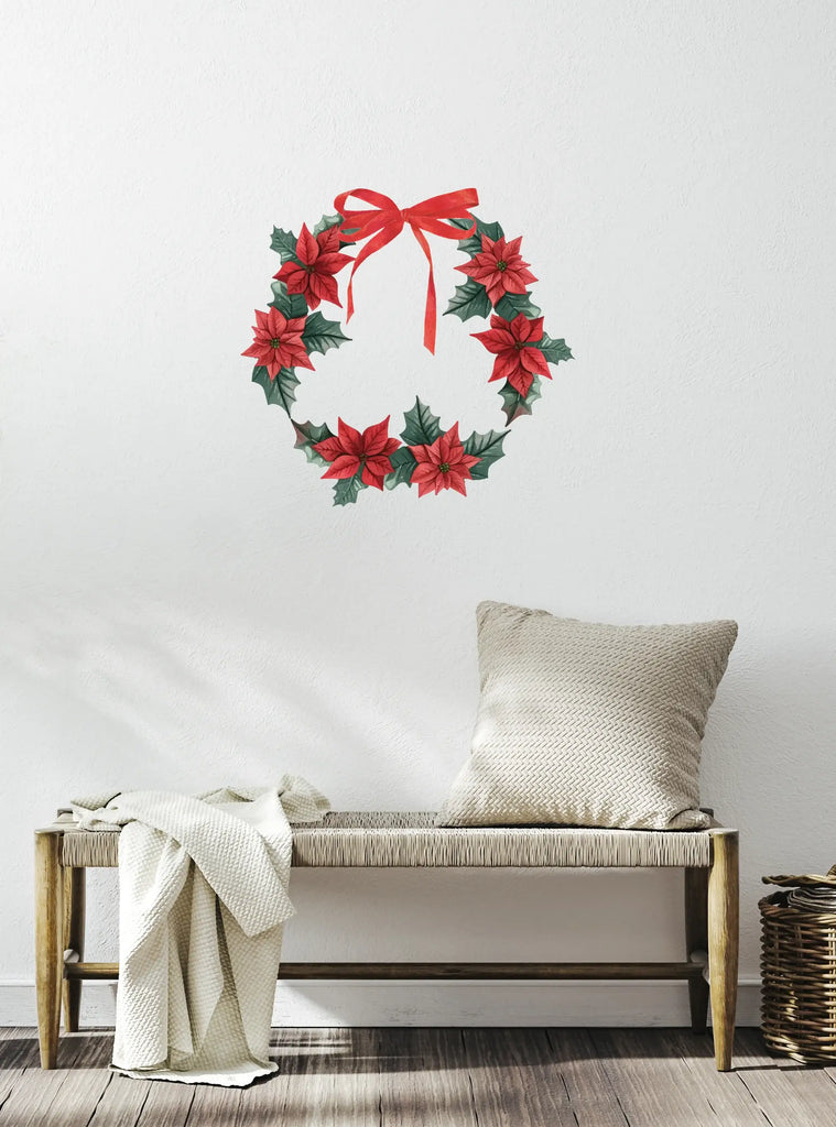 Festive Wreath Wall Sticker with vibrant red poinsettias and green leaves arranged in a circular shape, adorned with a cheerful red bow, perfect for holiday home decor. Wreath Wall Sticker, Top Sellers, Wall Stickers, All Products