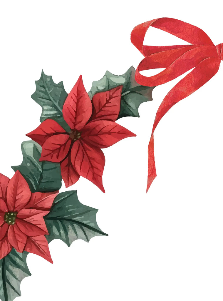 Festive Wreath Wall Sticker featuring vibrant red poinsettias, green holly leaves, and a flowing red ribbon. Customizable arrangement for various wreath sizes. Perfect for holiday home decor. Wreath Wall Sticker, Top Sellers,Wall Stickers,All Products