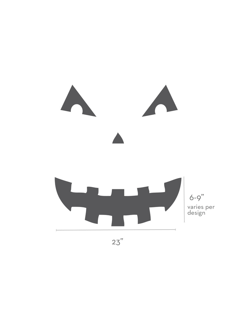 Halloween Pumpkin Face Door Decorations vinyl wall decal featuring a classic jack-o-lantern face design with angular eyes, triangular nose, and jagged smiling mouth measuring 23 inches wide. Product dimensions diagram showing customizable door decor for festive Halloween decorating. Wall Decals, Holiday Decals and Stickers.