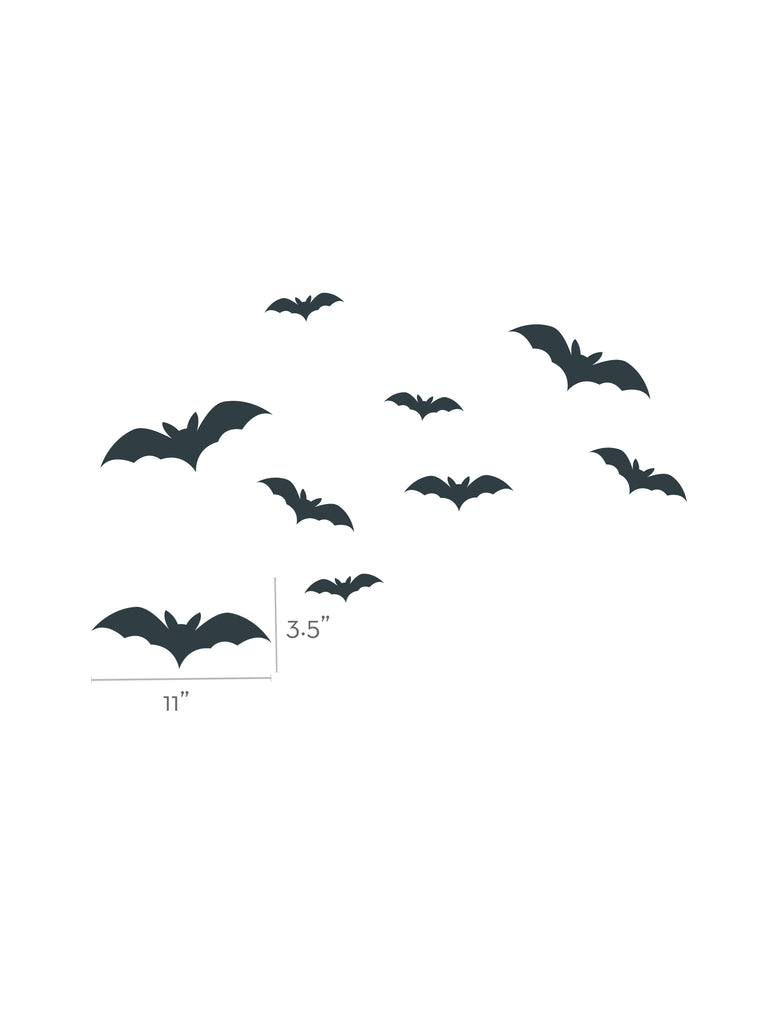 Spooky Bats Wall Decal featuring a set of 9 black silhouette bats in various sizes ranging from 5 to 10 inches wide, arranged in a flying formation pattern against a white background. Perfect for Halloween wall decorations - Featured Collection, Wall Decals, Holiday Decals and Stickers, All Products.