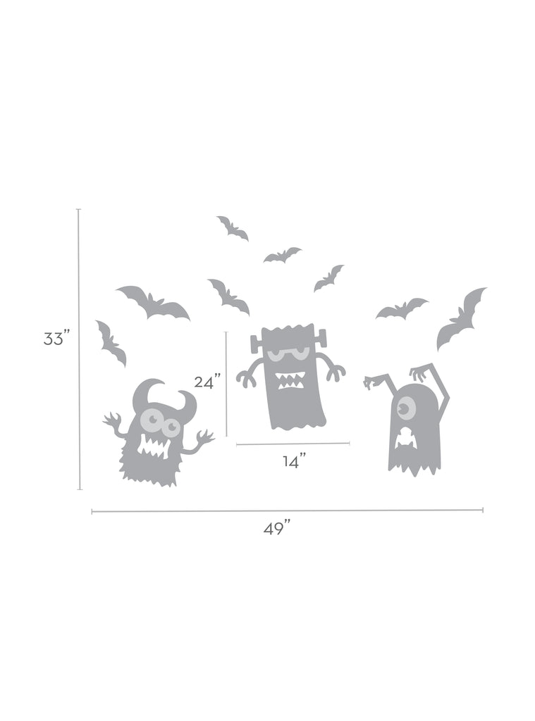 Halloween Monster Decals featuring three whimsical monster silhouettes with quirky expressions and eight flying bats, arranged in a playful scene spanning 49 inches wide and 33 inches tall. Perfect for spooky seasonal wall decoration in Wall Decals, Featured Collection, All Products