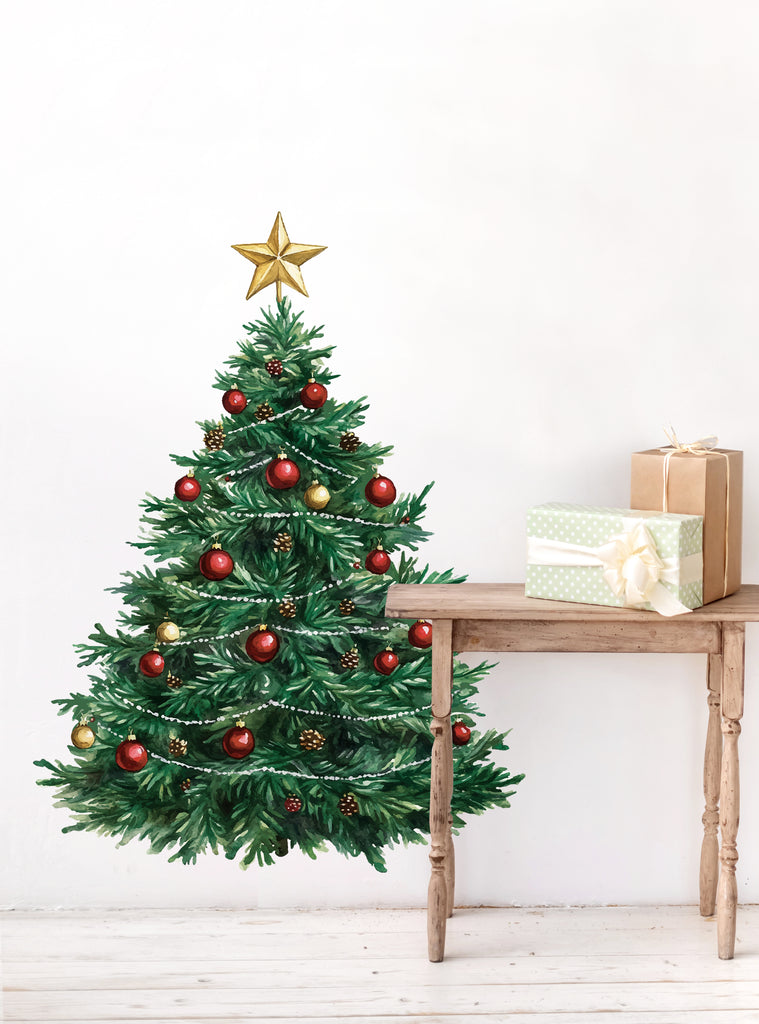 Christmas Tree Wall Sticker featuring a beautifully decorated evergreen tree with red ornaments, pinecones, silver garland, and topped with a golden star, shown beside wrapped presents on a wooden bench, perfect for festive wall decor, Top Sellers, Wall Stickers, Holiday Decals and Stickers, All Products