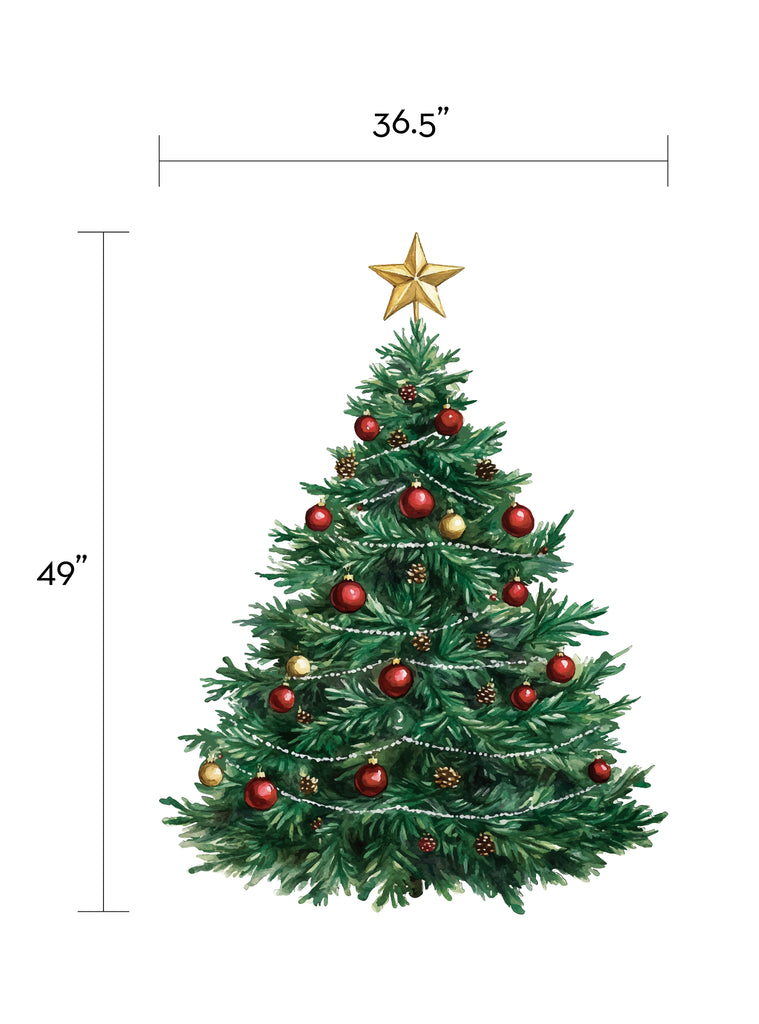 Christmas Tree Wall Sticker featuring a festive decorated evergreen with red and gold ornaments, pinecones, and shimmering star topper, measuring 36.5 inches wide by 49 inches tall, perfect for holiday home decor, Top Sellers, Wall Stickers, Holiday Decals and Stickers, All Products