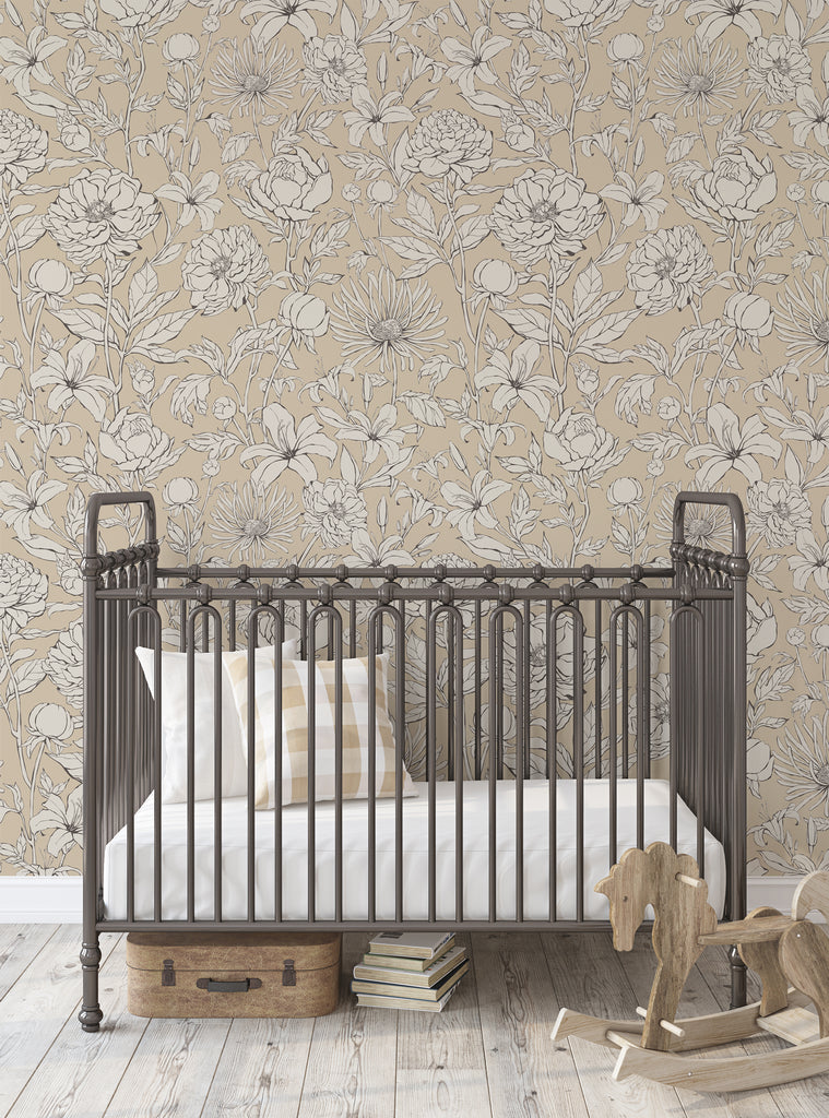 Detailed image of a floral botanical garden print wallpaper mural, featuring hand-drawn flowers and nature motifs in neutral tones. Suitable for adding uniqueness and natural beauty to any room, such as behind a bookcase, makeup vanity, or inside a closet. , Top Sellers,Peel and Stick Wallpaper,All Products,Unpasted Wallpaper,Wallpaper and Murals