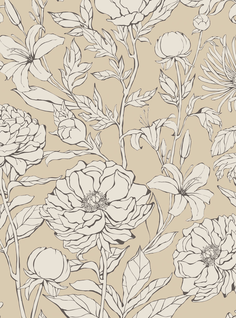 Seamless floral pattern featuring various flowers set against a soft beige background.