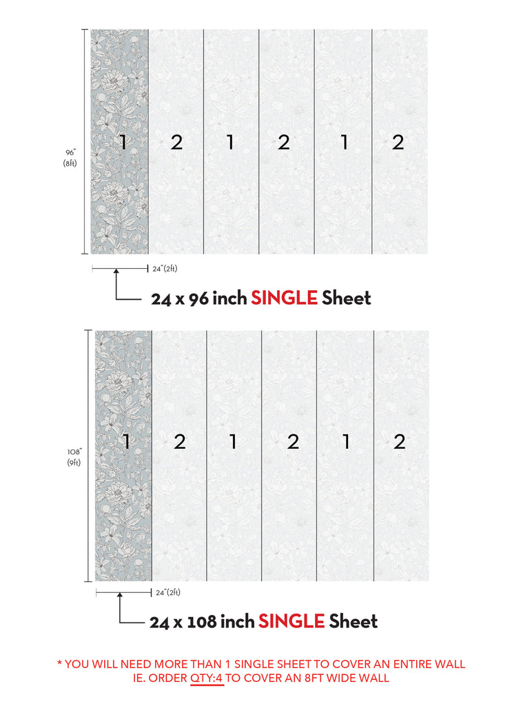 Detailed illustration showcasing the botanical garden solid wallpaper mural's repeat pattern and panel layout, highlighting the versatility of this design for various wall dimensions. This visually appealing, hand-drawn wallpaper brings the beauty of nature indoors, adding a unique touch to any room or unexpected space. Top Sellers, Peel and Stick Wallpaper, All Products, Unpasted Wallpaper, Wallpaper and Murals