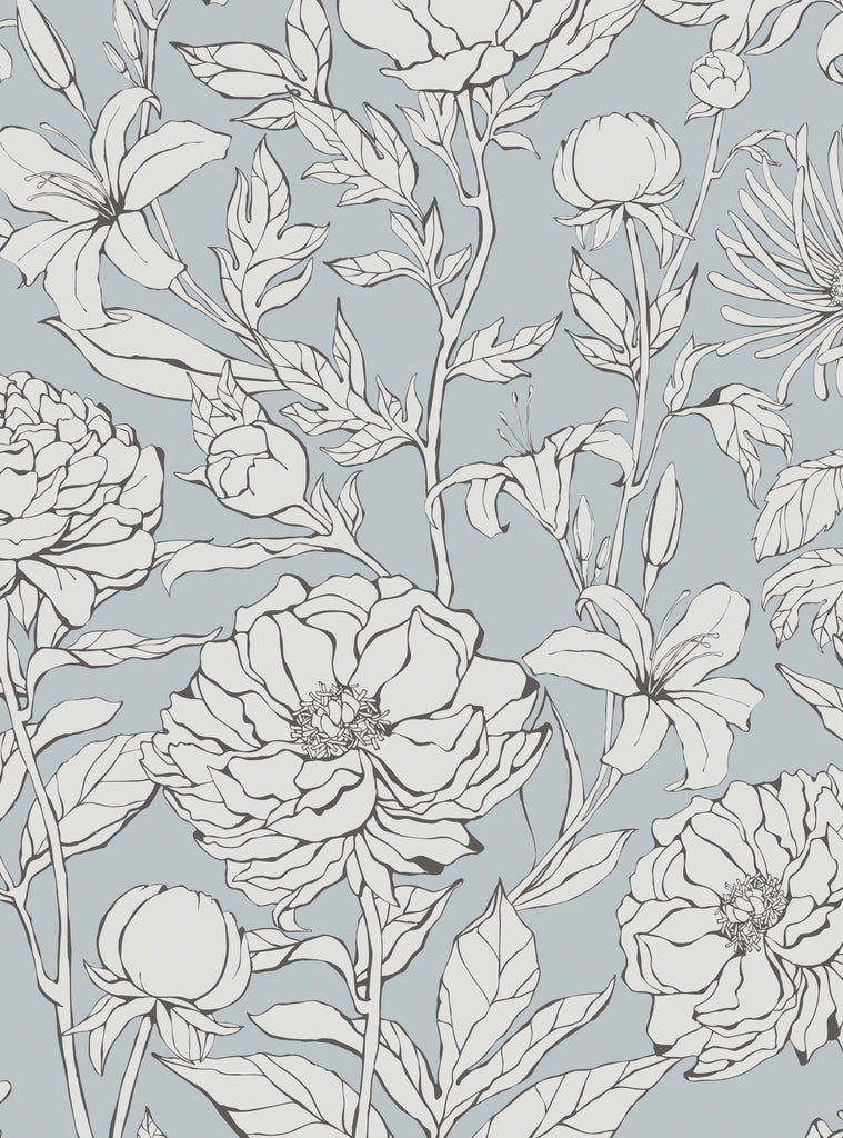 Seamless floral pattern featuring various flowers set against a soft light blue background.