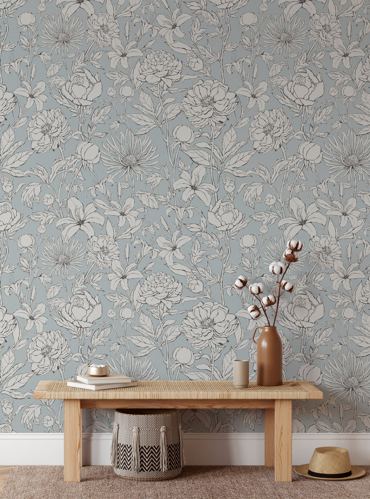 Detailed botanical garden floral wallpaper mural, featuring hand-drawn nature-inspired patterns with intricate flowers and foliage in neutral tones. Ideal for adding uniqueness and tranquility to any room, whether used as a focal point or an accent. Top Sellers, Peel and Stick Wallpaper, All Products, Unpasted Wallpaper, Wallpaper and Murals.