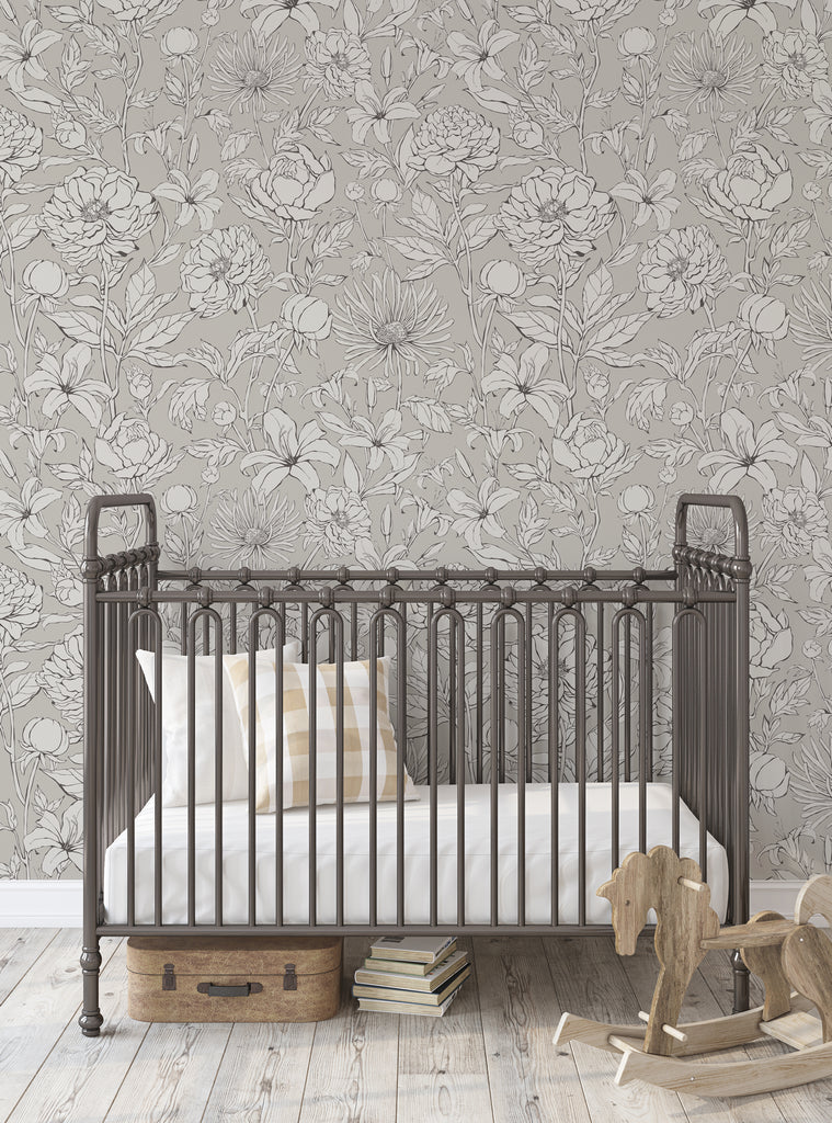 A hand-drawn botanical garden wallpaper mural featuring a beautiful floral pattern with various flowers, leaves, and natural elements in shades of gray. The detailed design creates a warm and serene atmosphere, perfect for adding a touch of nature to any room. Top Sellers,Peel and Stick Wallpaper,All Products,Unpasted Wallpaper,Wallpaper and Murals