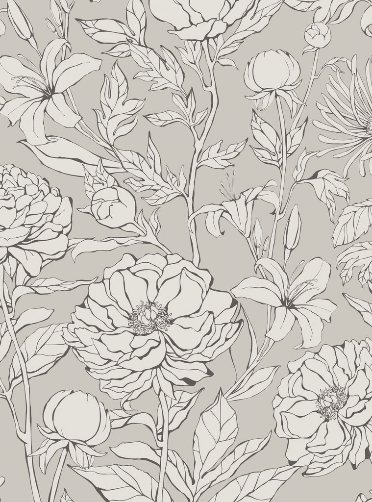 Seamless floral pattern featuring various flowers set against a soft light grey background.