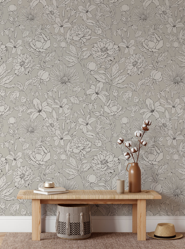 Detailed floral design showcasing a variety of botanical elements such as flowers, leaves, and stems in a neutral color palette, creating a nature-inspired ambiance. Top Sellers,Peel and Stick Wallpaper,All Products,Unpasted Wallpaper,Wallpaper and Murals