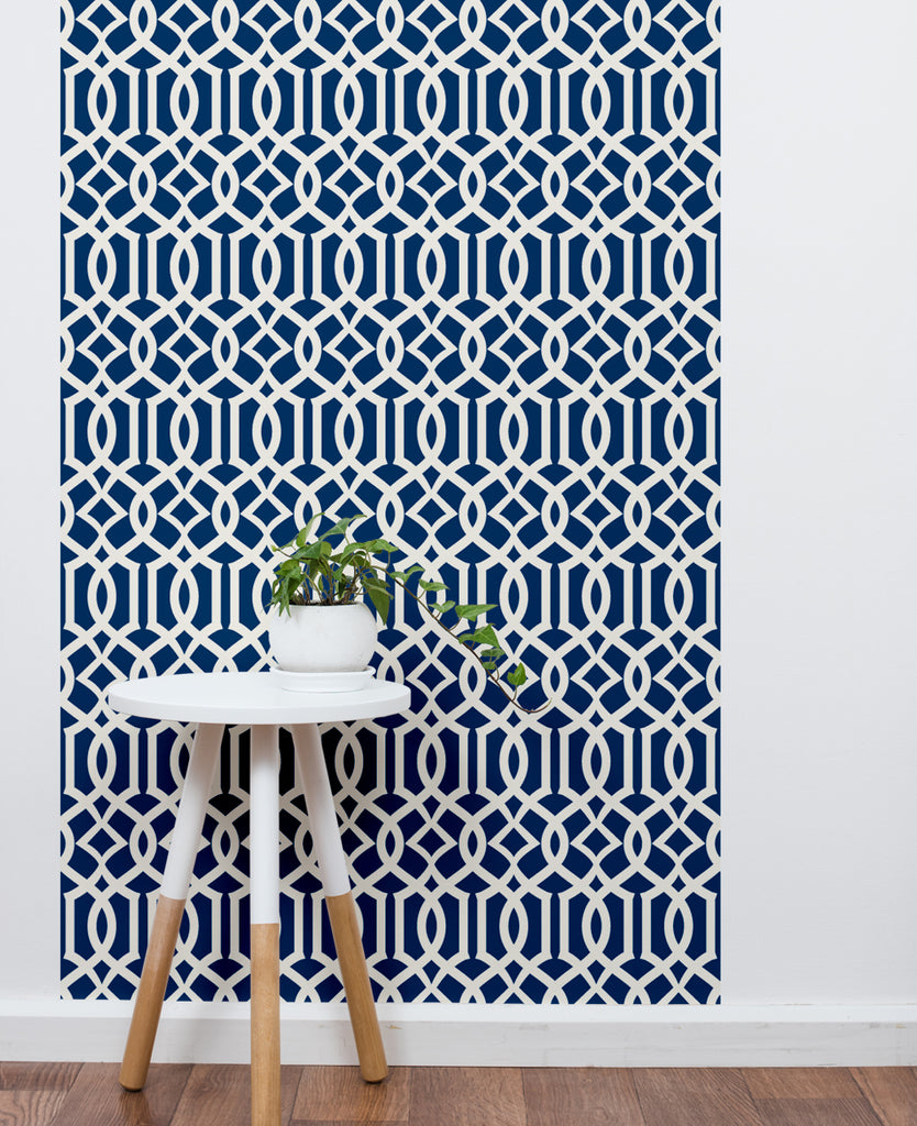 Modern trellis pattern in bold navy blue color adorning this peel and stick wallpaper panel, featuring a repeat design of geometric shapes and lines, perfect for adding a touch of contemporary style to any wall, Clearance Wallpaper Sticker - OFF PRINTS, Dorm Room Ideas and Trends.