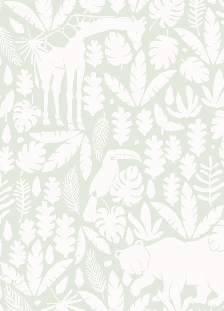 Jungle Animal Sage Fabric Peel and Stick Wallpaper featuring white tropical leaves and animal silhouettes on a soft sage green background. Perfect for DIY projects and small spaces. Clearance Wallpaper Sticker - OFF PRINTS, Dorm Room Ideas and Trends