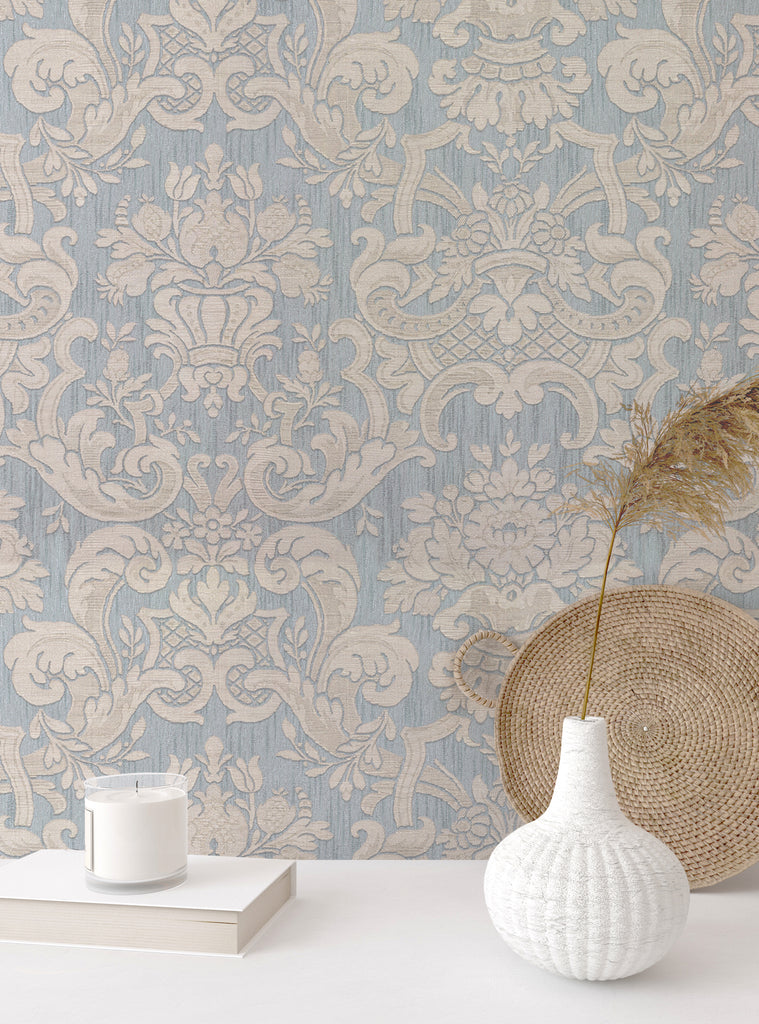 Ornate blue demask patterned fabric wallpaper, perfect for adding a touch of sophisticated style to walls, furniture, or decor. This removable and repositionable off-print option is ideal for small projects like drawer liners, bookcase backs, or dorm accents. Clearance Wallpaper Sticker - OFF PRINTS, Dorm Room Ideas and Trends.