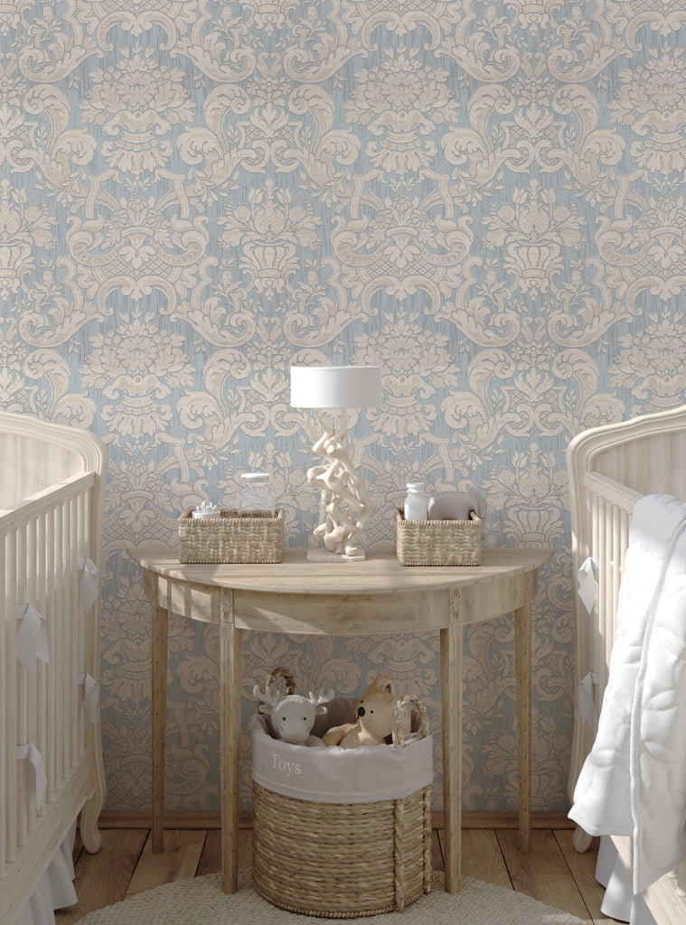 Blue and beige damask pattern wallpaper for a Shopify product, perfect for small projects like drawer liners, bookcase backs, dorm room decor, and more. Clearance Wallpaper Sticker - OFF PRINTS, Dorm Room Ideas and Trends.