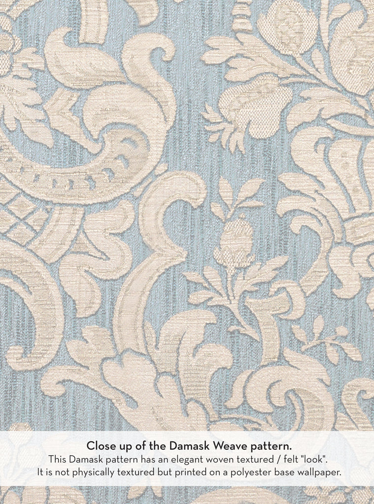 Detailed image of a delicate blue and neutral damask-patterned, woven textured peel-and-stick wallpaper for small projects and dorm room decor ideas, Clearance Wallpaper Sticker - OFF PRINTS, Dorm Room Ideas and Trends.