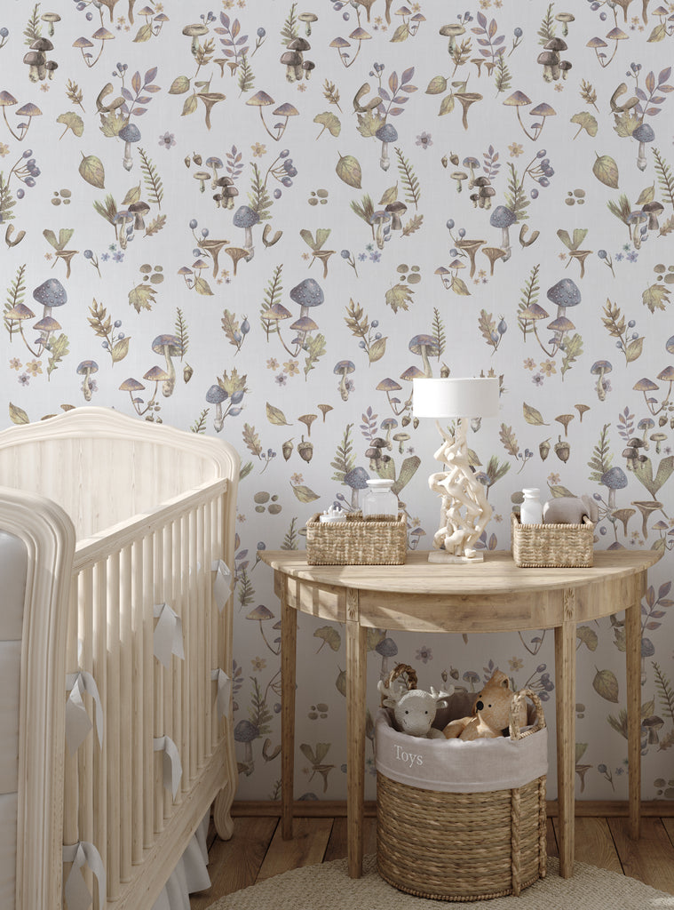 Mushroom Meadows Wallpaper featuring a delicate watercolor pattern of whimsical mushrooms, fallen leaves, and botanical elements in soft neutral tones displayed in a cozy nursery setting with natural wood furniture Top Sellers, Peel and Stick Wallpaper, Nature Wallpaper, All Products, Unpasted Wallpaper, Wallpaper and Murals