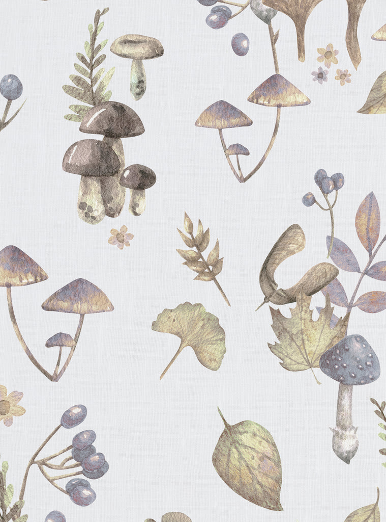 Whimsical watercolor pattern of Mushroom Meadows Wallpaper featuring delicate mushrooms, autumn leaves, and berries in soft browns and purples on a light background, creating a cozy woodland atmosphere. Top Sellers, Peel and Stick Wallpaper, Nature Wallpaper, All Products, Unpasted Wallpaper, Wallpaper and Murals