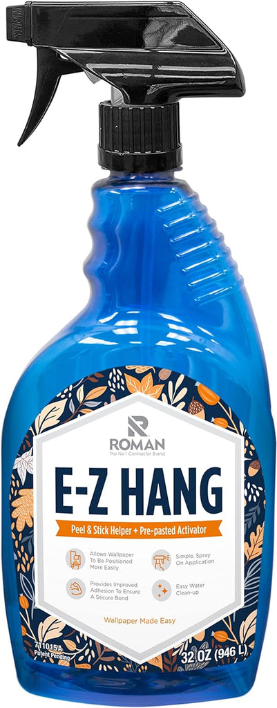 Detailed image of the E-Z Hang Peel & Stick Helper + Pre-pasted Activator product, featuring a spray bottle with blue liquid and floral pattern branding. This product helps make hanging peel and stick wallpaper easier by providing slip for positioning, improved adhesion, and easy cleanup., Top Sellers,Installation Tools