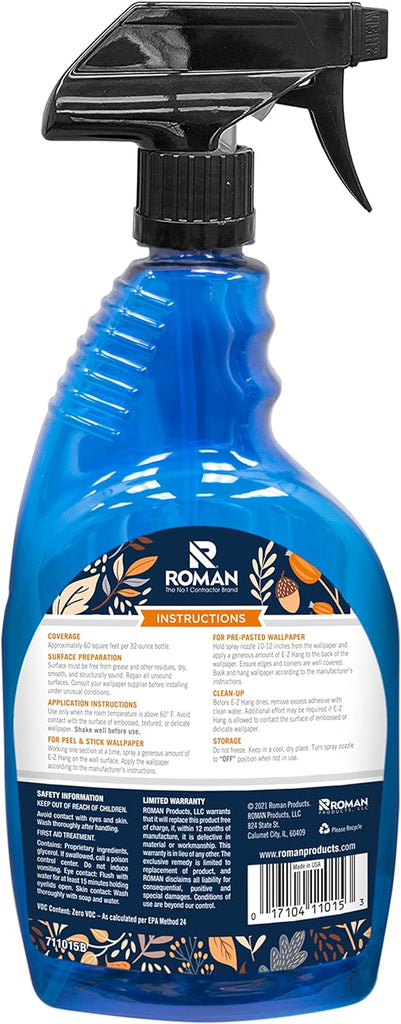 E-Z Hang Peel & Stick Helper + Pre-pasted Activator, a spray-on formula that provides slip to help float wallpaper into position and match patterns easily, improving adhesion for a long-lasting install and cleaning up with water. Covers approximately 60 square feet per bottle, enough for 2 standard rolls of peel & stick wallpaper. Top Sellers, Installation Tools.