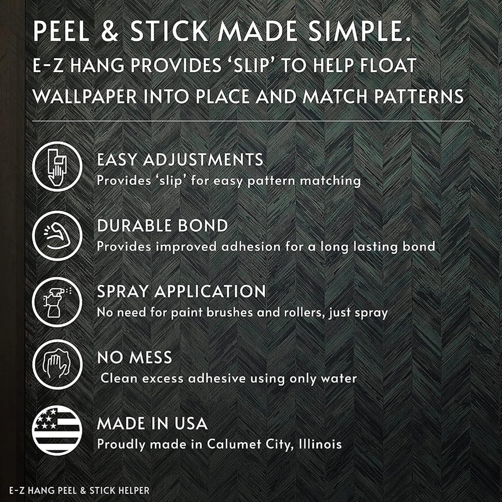 Spray-on solution that makes peel and stick wallpaper installation a breeze, providing 'slip' to float and match patterns easily, with improved adhesion for a long-lasting, durable bond. Spray application, no messy tools required. Covers up to 60 sq ft per bottle - enough for 2 standard rolls. USDA Certified BioBase 99%. , Top Sellers,Installation Tools