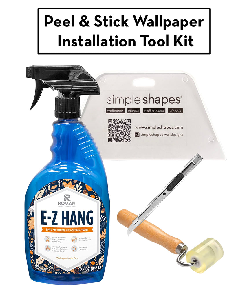 This comprehensive Peel & Stick Wallpaper Installation Tool Kit has everything you need to expertly hang your wallpaper with ease. The kit includes an E-Z Hang spray, a large smoothing tool, a seam roller, and a utility knife - all the essential Installation Tools for a flawless peel and stick wallpaper application. This all-in-one set is a Top Sellers item that simplifies the installation process.