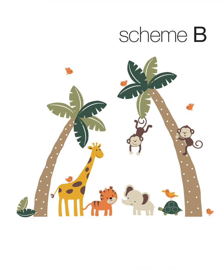 Lively jungle scene with whimsical palm trees and playful animals including monkeys, a giraffe, tiger, elephant, and turtle. Vibrant colors and charming designs make this a cheerful wall decal for a child's room. Top Sellers, Wall Decals, Animal Decals, All Products