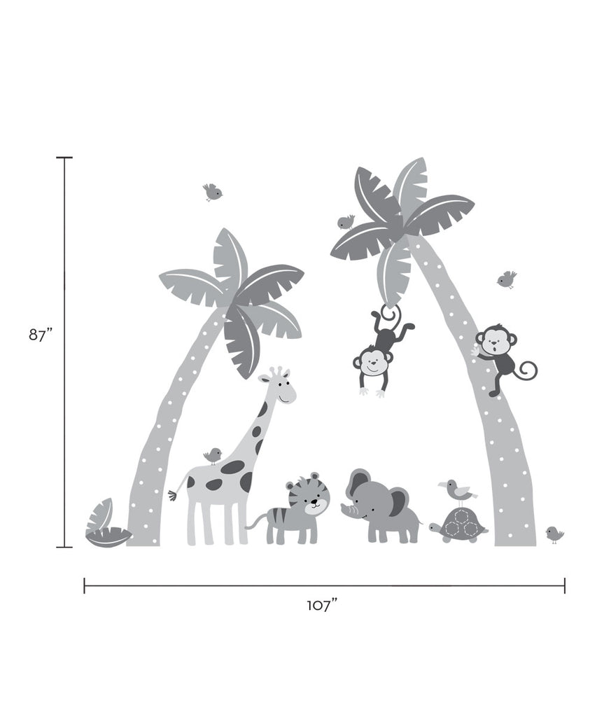 This whimsical wall decal features a delightful jungle scene with palm trees, cute animals, and playful details that will enchant little ones. The decal set includes various sized elements like monkeys, a giraffe, tiger, elephant, and turtle, allowing for endless arrangement possibilities to personalize your child's bedroom or nursery. , Top Sellers,Wall Decals,Animal Decals,All Products