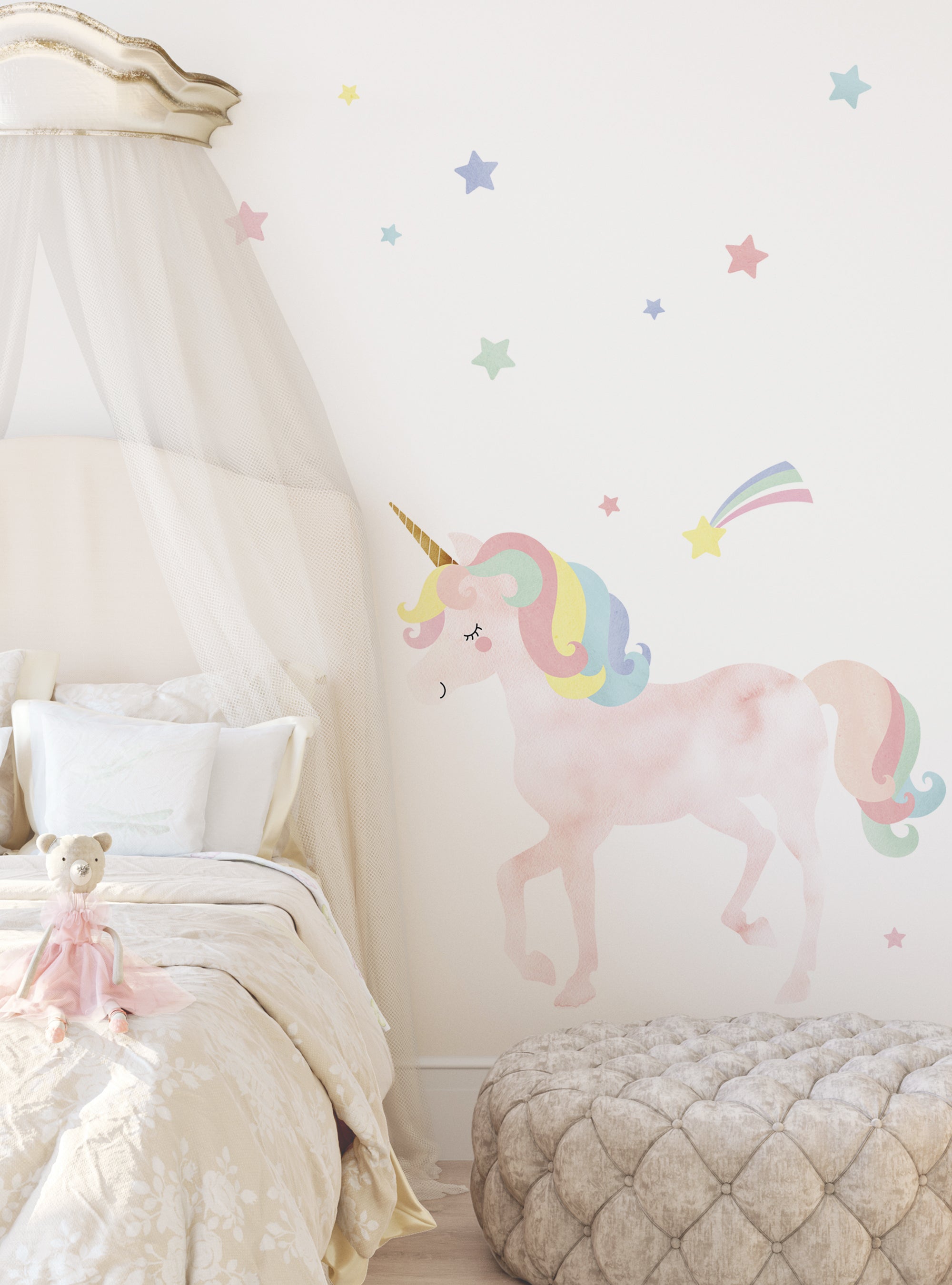 Watercolor Twinkling Unicorn with Stars Peel and Stick Wall Stickers