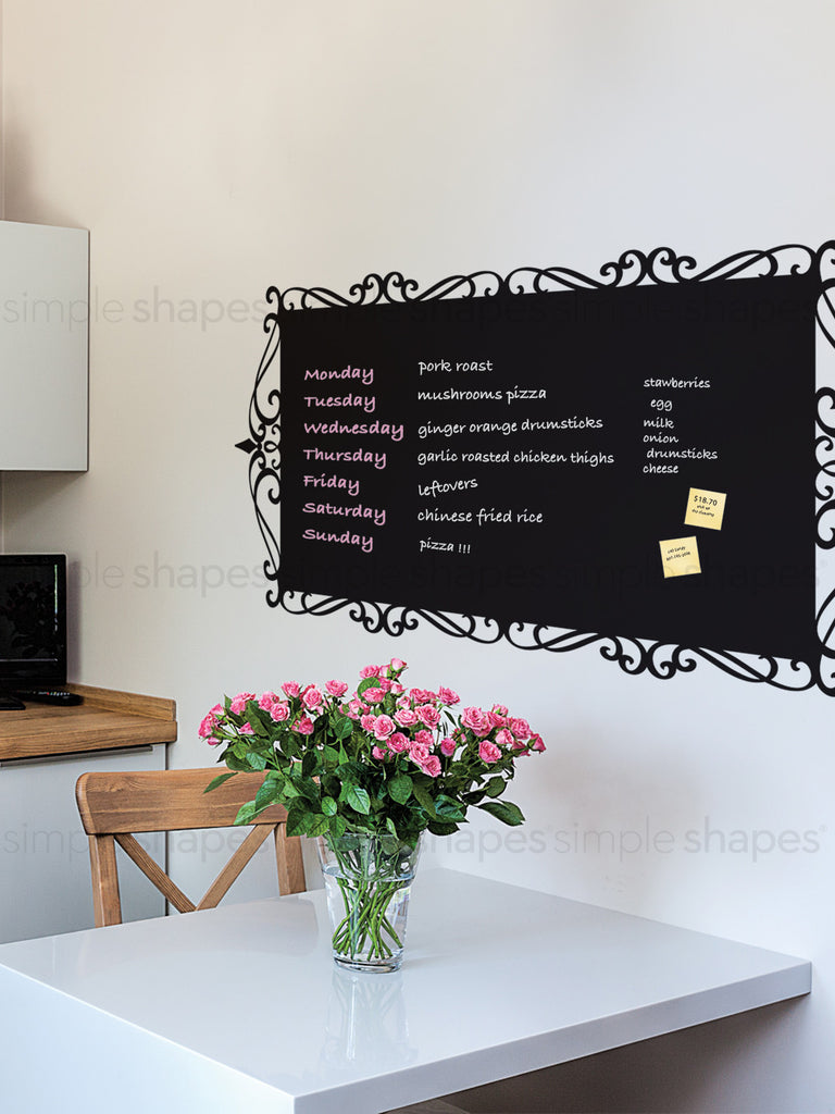 Decorative Chalkboard Wall Decal - This large black chalkboard vinyl wall decal provides a functional surface to write weekly menu items, reminders, or any other notes. It features an ornate, scrolling border design that adds a touch of elegance to any room. Top Sellers,Wall Decals,All Products,Dorm Room Ideas and Trends,Back to School Collection 2024