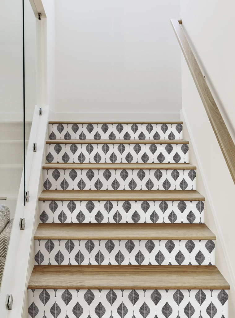 Stylish patterned stair riser strips in a nature-inspired leaf design, creating a unique and eye-catching look for your stairs. Customizable colors allow you to personalize and coordinate with your home decor. Removable and reusable vinyl adheres securely to stairs. Top Sellers,Stair Riser Decals,All Products