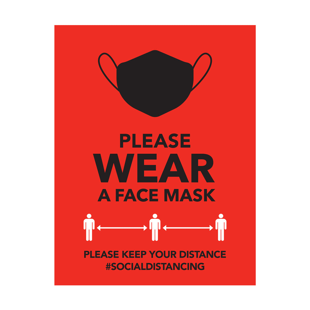 A bold and clear image displaying a black face mask and instructions to wear a mask and maintain social distance, with the text "PLEASE WEAR A FACE MASK" and "PLEASE KEEP YOUR DISTANCE #SOCIALDISTANCING" prominently featured in a vibrant red background. This informative and eye-catching wall sticker sign promotes public health and safety measures during the coronavirus pandemic. , Top Sellers,Wall Stickers,All Products