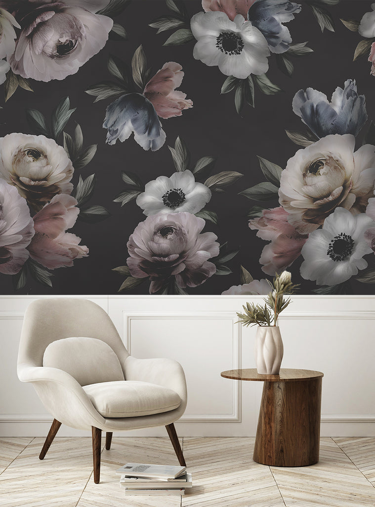 Detailed and lush floral mural with vibrant blooms in shades of white, pink, and gray against a dark background, creating a serene and elegant focal point for any room, Top Sellers,Wall Murals,Peel and Stick Wallpaper,Floral Wallpaper,Nature Wallpaper,Kids and Baby Nursery Wallpaper,Floral Murals,Nature Murals,Kids Murals,All Products,Wallpaper and Murals,Back to School Collection 2024