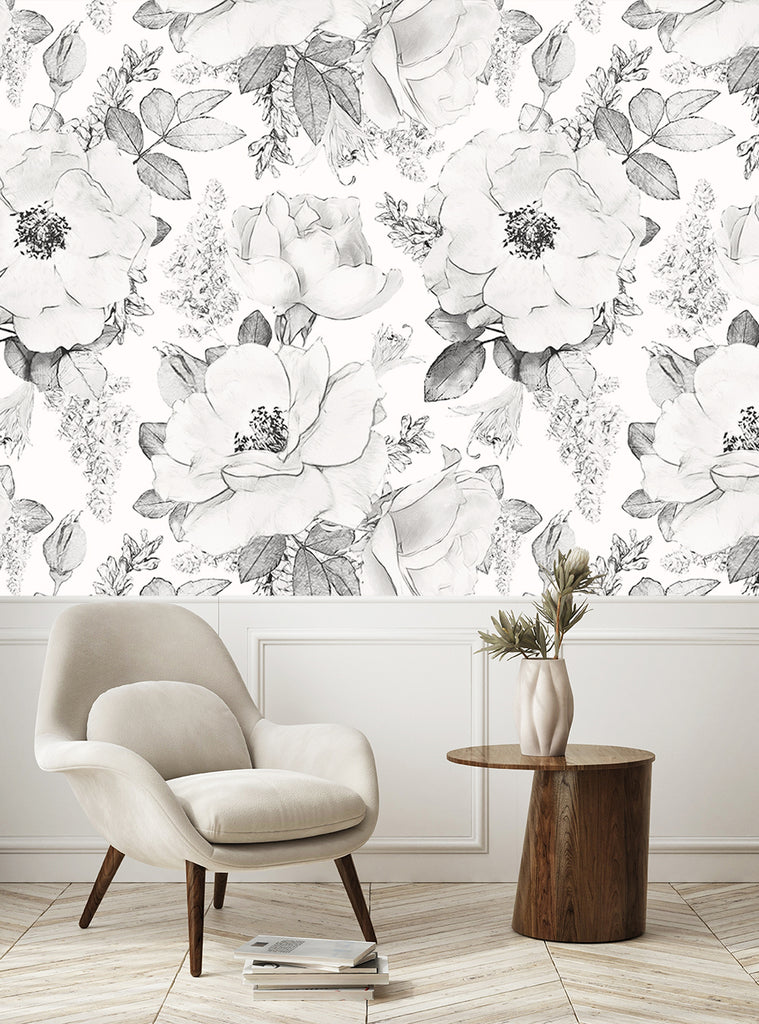 Large, delicate black and white floral wallpaper with a modern, rustic design featuring lush, blooming flowers and leaves, creating a tranquil, garden-inspired ambiance. , Top Sellers,Wall Murals,Peel and Stick Wallpaper,Nature Wallpaper,Kids and Baby Nursery Wallpaper,Nature Murals,Kids Murals,All Products,Wallpaper and Murals