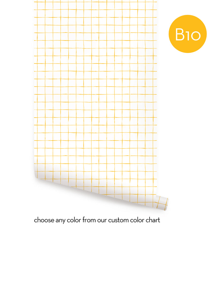 A simple, minimalist grid pattern in a vibrant yellow color, showcasing the customizable nature of this Shopify product, Small Crosshatch Grid Peel and Stick Wallpaper. This versatile wallpaper design can add a touch of creativity to any room without overwhelming the space. Top Sellers,Peel and Stick Wallpaper,Geometric & Pattern Wallpaper,All Products,Unpasted Wallpaper,Wallpaper and Murals