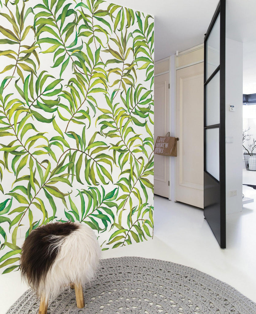 Lush and vibrant tropical leaves wallpaper mural, showcasing a stunning variety of greenery in different shapes and sizes, creating a bold and energetic atmosphere. Top Sellers, Peel and Stick Wallpaper, Floral Wallpaper, Nature Wallpaper, Kids and Baby Nursery Wallpaper, All Products, Unpasted Wallpaper, Wallpaper and Murals, Back To School, Back to School Collection 2024.