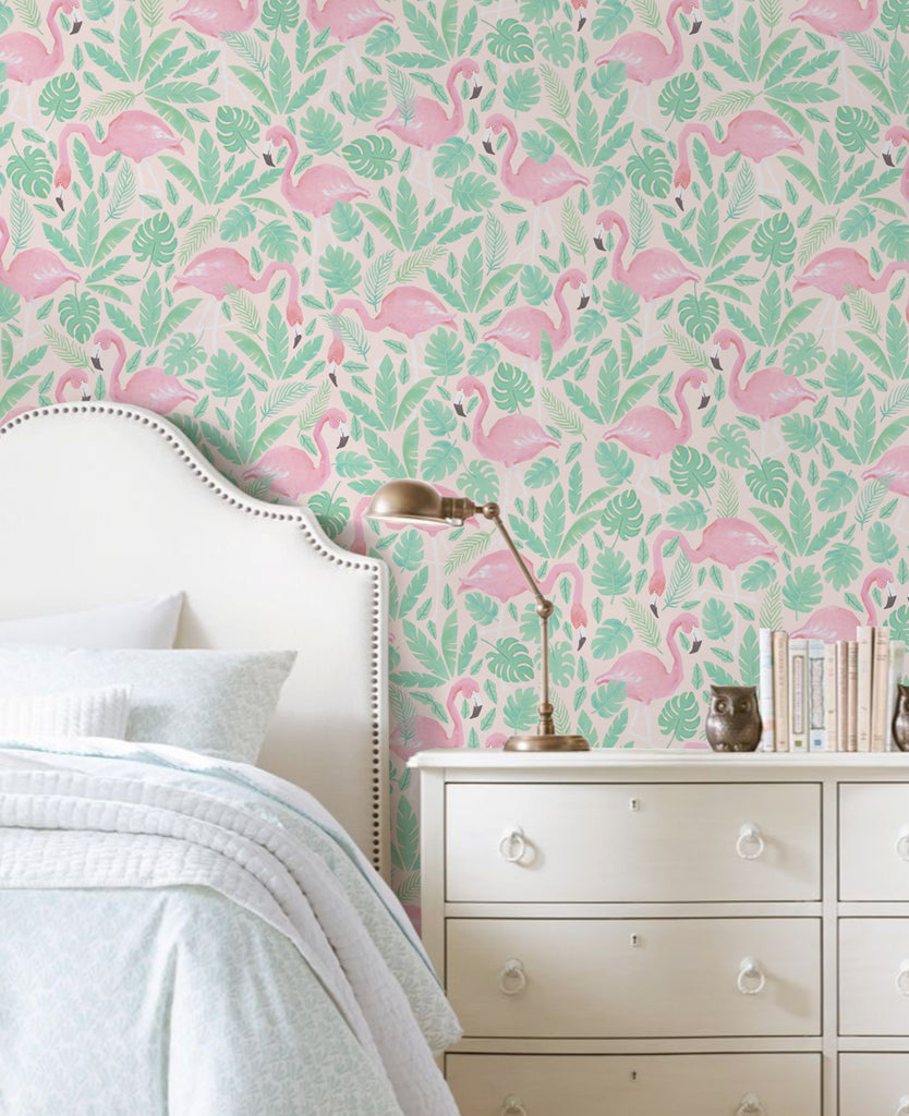 Tropical foliage and vibrant pink flamingos create a joyful and whimsical wallpaper design, adding a touch of playful charm to any room. The watercolor-inspired pattern features lush greenery and the iconic flamingo silhouettes, resulting in a cheerful and colorful visual that can enliven a space. , Top Sellers,Peel and Stick Wallpaper,Nature Wallpaper,Kids and Baby Nursery Wallpaper,All Products,Unpasted Wallpaper,Wallpaper and Murals