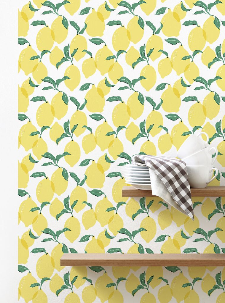 Lively and vibrant lemon pattern with leaves, perfect for DIY projects, Top Sellers, Peel and Stick Wallpaper, Floral Wallpaper, Nature Wallpaper, All Products, Unpasted Wallpaper, Wallpaper and Murals