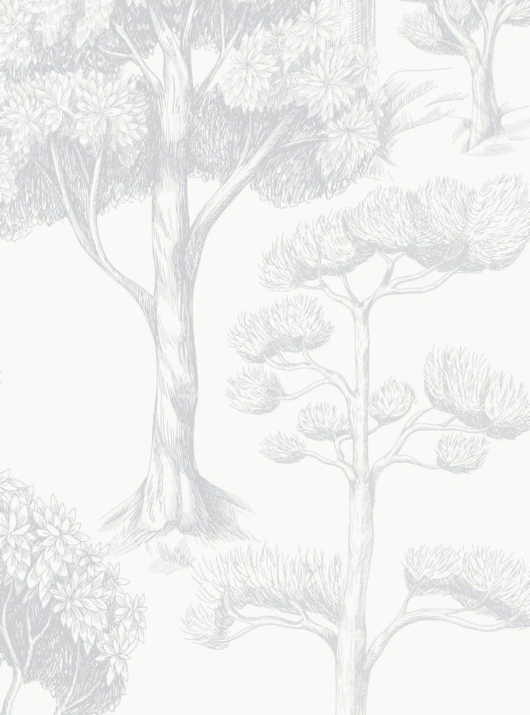 Alt text: A serene, monochrome illustration of a towering, sketched tree surrounded by lush foliage. The delicate lines and intricate details create a nature-inspired, calming atmosphere. Featured Collection, Top Sellers, Peel and Stick Wallpaper, Nature Wallpaper, Kids and Baby Nursery Wallpaper, All Products, Unpasted Wallpaper, Wallpaper and Murals.